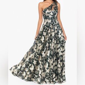 Betsy & Adam “Gwen” Long One Shoulder Wrap Foil Flower Dress Green Gold Sz 8
